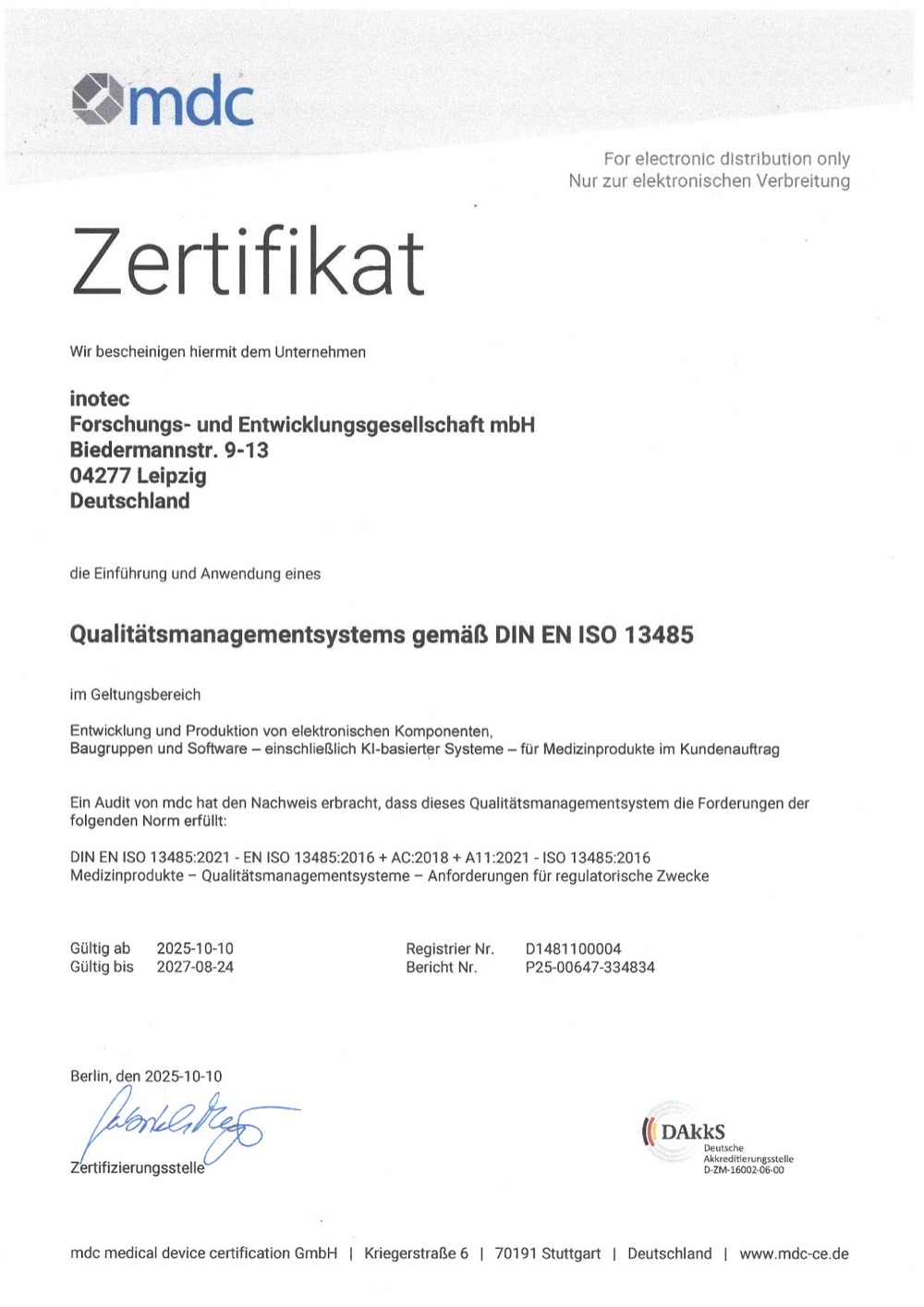 Certificate issued by mdc medical device certification GmbH: quality management system of inotec FEGmbH in accordance with DIN EN ISO 13485, valid from 10 October 2025 to 24 August 2027